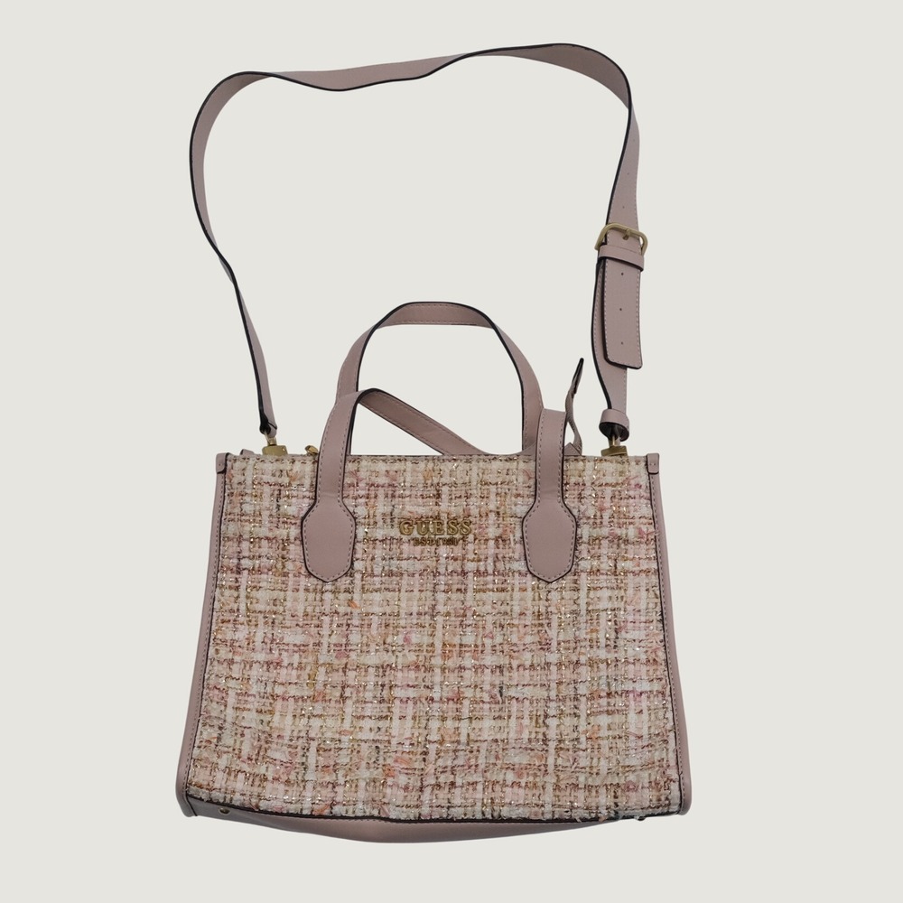 Guess Tweed Tote Women Pink Gold Coquette Small Crossbody Bag